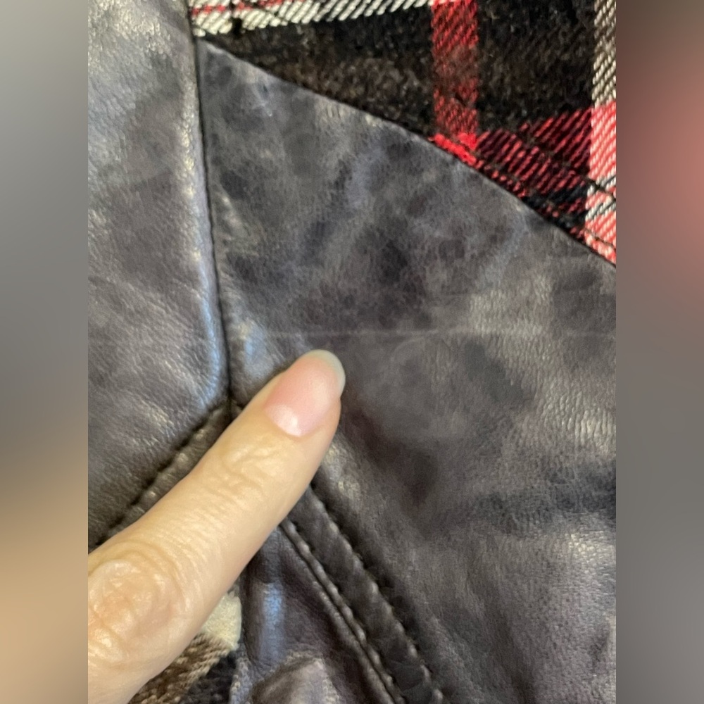 Betty Barclay Size 4 Leather & Plaid Wool Moto Jacket Mixed Media European - Picture 9 of 16